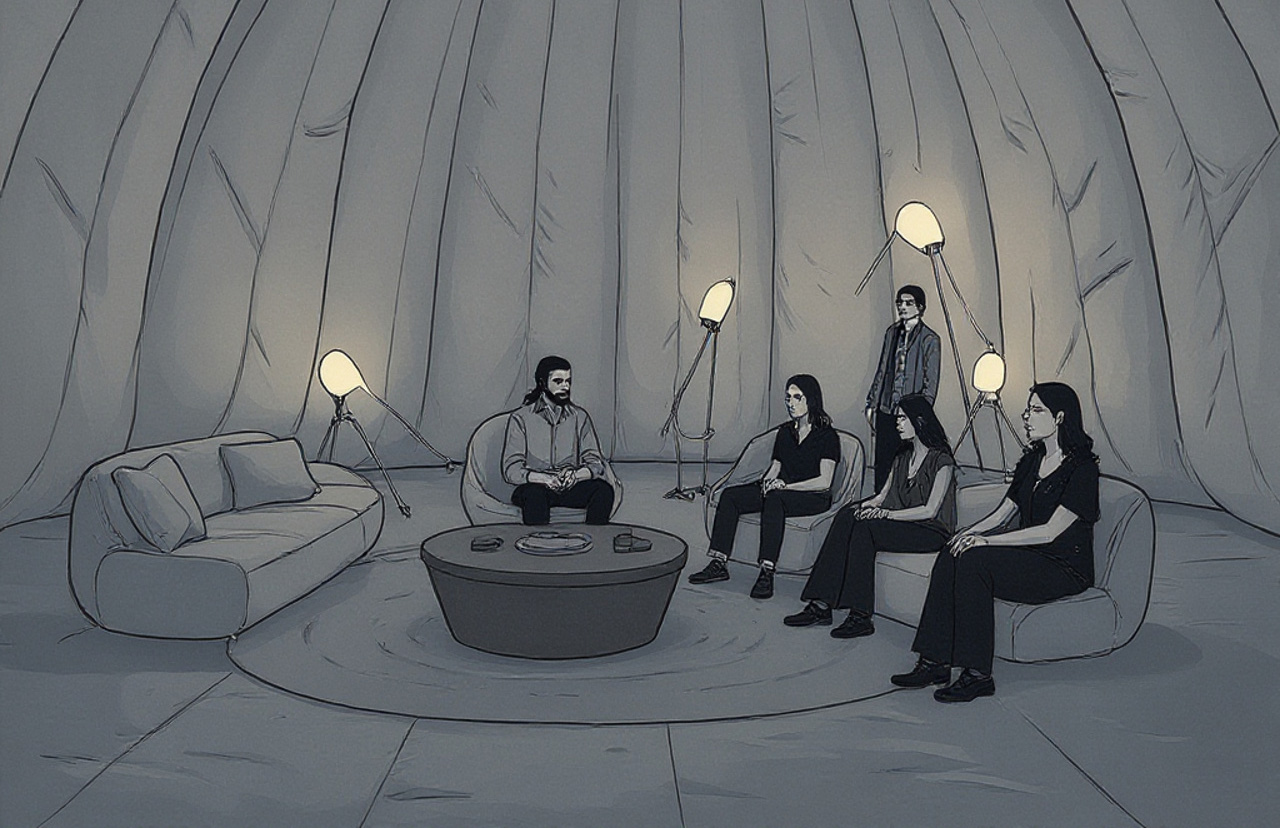 Cozy conceptual interior inside inflatable hangar with daylight and minimalist furniture.