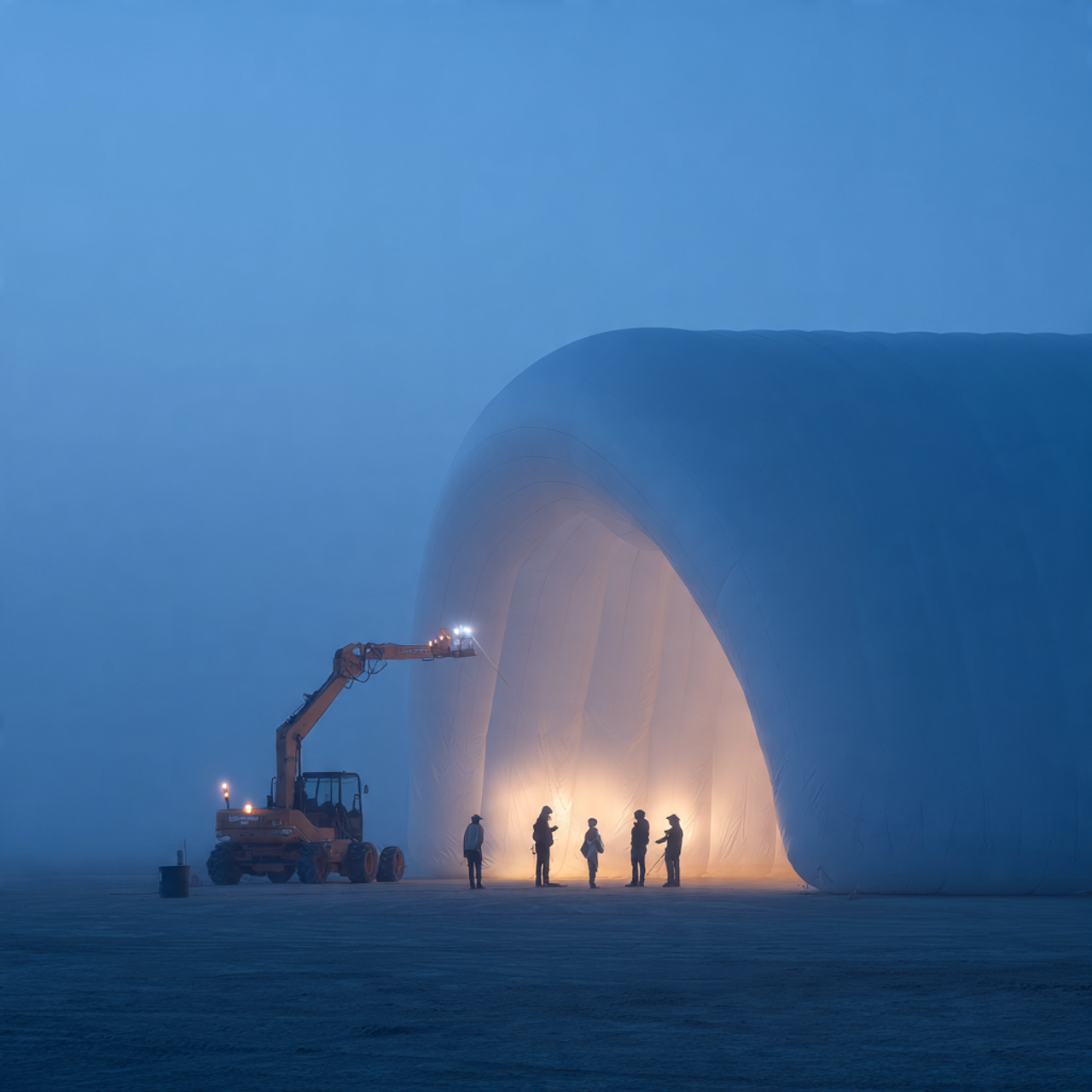 Futuristic inflatable hangar glowing under desert sky, workers assembling.