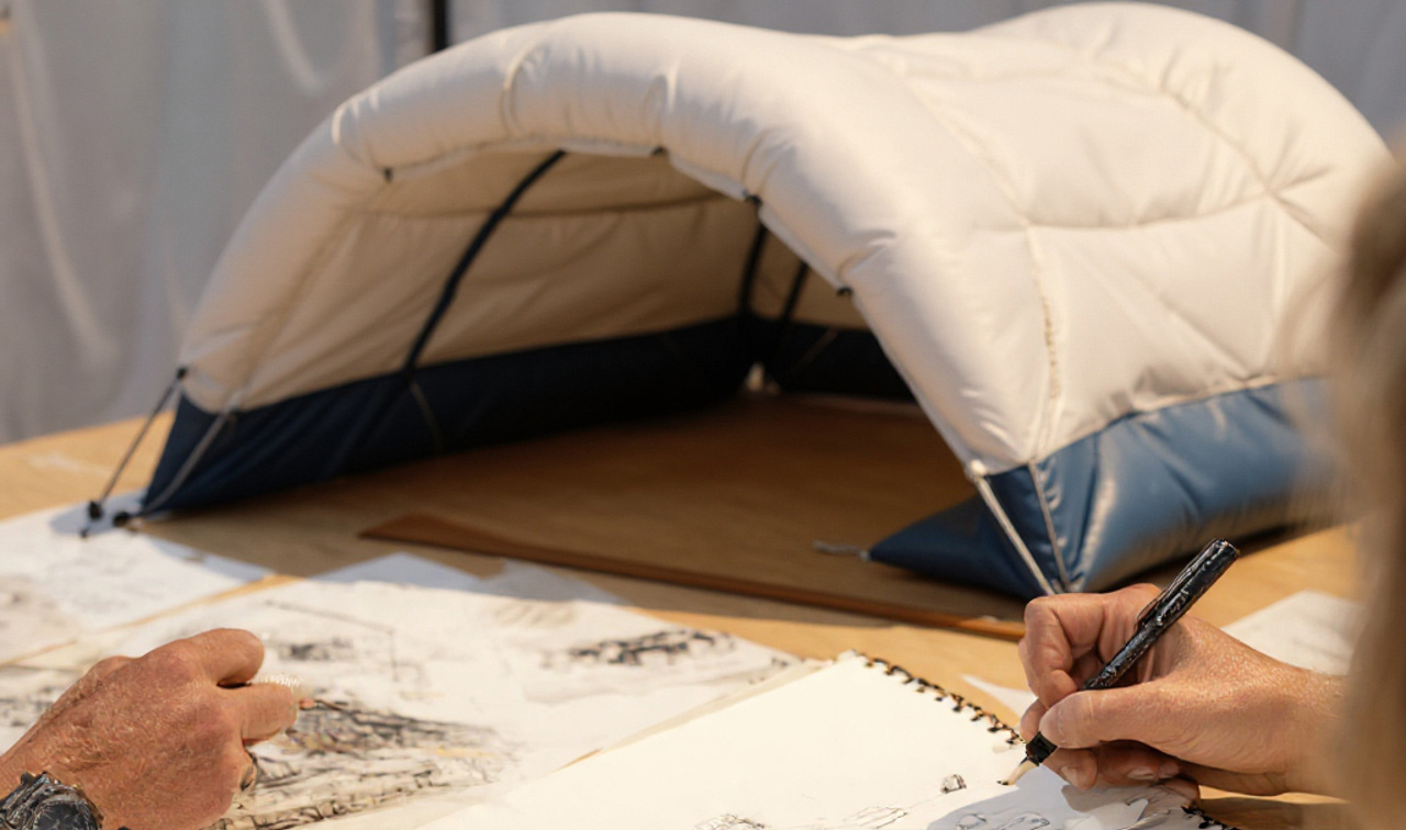 People brainstorming and sketching ideas for sustainable inflatable hangars.